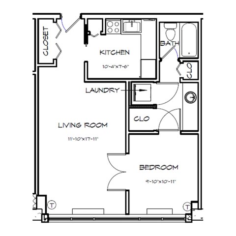 Floor plan for 1 bed, 1 bath, 572 sqft